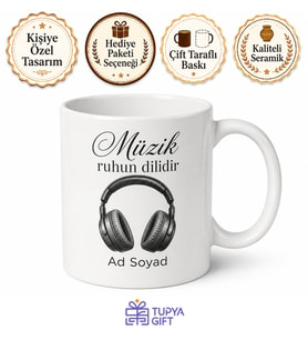 İsimli Kulaklık Desenli Baskılı Kupa Bardak Müzik Hediye