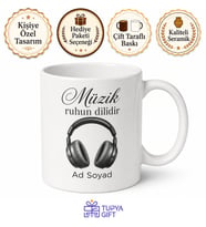 İsimli Kulaklık Desenli Baskılı Kupa Bardak Müzik Hediye