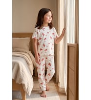 Çilek Desenli Kısa Kollu %100 Pamuk Kız Çocuk Pijama Takımı