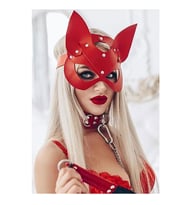 Kırmızı Cat Girl Fantezi Deri Kedi Kız Maskesi + Erotik Masaj Yağı