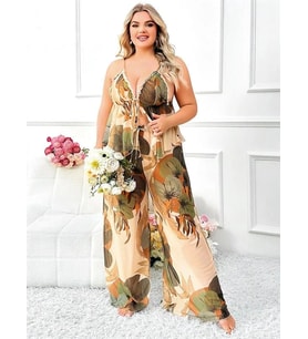 Amora Secret Özel Tasarım Büyük Beden Çiçek Desenli İnce Askılı 2'li Pijama Takımı
