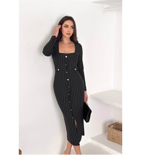 Neşeli butik kadın çizgili desen kare yaka midi boy düğme detaylı elbise NBK069 (Siyah)