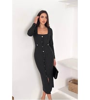 Neşeli butik kadın çizgili desen kare yaka midi boy düğme detaylı elbise NBK069 (Siyah)