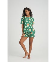 iLove Kısa Kollu Şort Kadın Pijama Takımı Örme Kumaş Pamuklu Desenli SüperSoft (Yeşil)