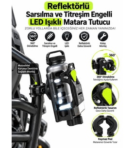 Motosiklet Matara Tutucu Koruma Demiri Gidon Bardaklık Reflektörlü Titreşim Engelli LED Işıklı