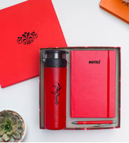 Kişiye Özel Cam Suluk, Defter Kalem Hediye Seti - Kırmızı Premium Hediye Seti