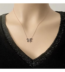 Rose Kaplama Siyah Taşlı Gümüş Kolye (Karışık)