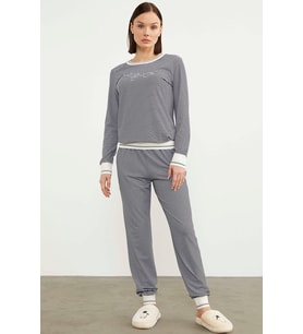 Çizgili Sıfır Yaka Pijama Takım - Lacivert