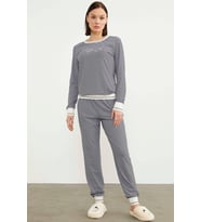 Çizgili Sıfır Yaka Pijama Takım - Lacivert