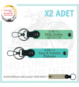Motor Severlere Özel, İsim Plaka ve A Rh (+) Kan Grubu Yazılı x2 Anahtarlık Takım, Yeşil-Turkuaz-SK