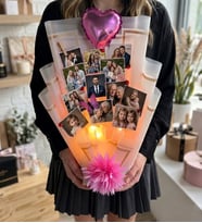 Kişiye Özel 12 Fotoğraflı LED Işıklı Pembe Kalp Balonlu Hatıra Anı Buketi - İş Hediyesi Arkadaşa Sevgiliye Hediye
