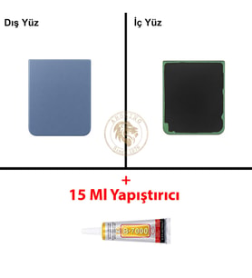 Samsung Galaxy Z Flip 4 Mavi Renk Arka Kapak + B7000 Yapıştırıcı Arka Cam Batarya Kapağı Pil Kapağı Lazer Kesim Back Cover Galaxy Z Flip 4 Uyumlu