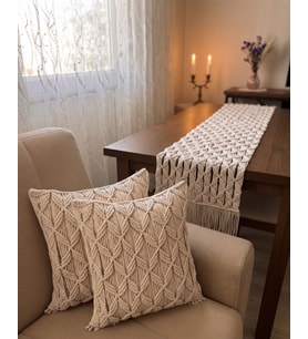 Boho Stil 3'lü Dekoratif Set (Makrome Runner ve 2 Adet Kırlent Kılıfı)