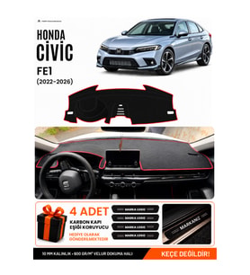 HONDA CIVIC FE1 (2022-2026) Uyumlu Torpido Örtüsü Torpido Kılıfı - Siyah Kırmızı