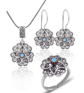 Firuze Taşlı Gül Model Oksitli 925 Ayar Gümüş Telkari Kadın Üçlü Set 201025646