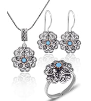 Firuze Taşlı Gül Model Oksitli 925 Ayar Gümüş Telkari Kadın Üçlü Set 201025646