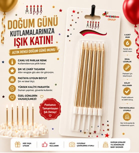 6'lı Altın Renk İnce Doğum Günü Pasta Mumu Metalik Gold Kutlama Mumu
