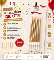 6'lı Altın Renk İnce Doğum Günü Pasta Mumu Metalik Gold Kutlama Mumu