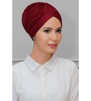 Bordo Pratik Hazır Geçmeli Tesettür Bone Fukuro Piliseli Tek Çapraz Büzgülü 1824_16