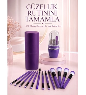 12 Parça Mor Makyaj Fırçası ve Manikür Pedikür Tırnak Bakım Seti Çok Amaçlı Avantajlı İkili Set