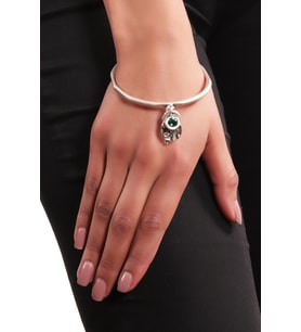 Kadın Antik Gümüş Kaplama Yeşil Swarovski Taşlı Kilit&Anahtar Charm Bilezik