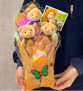 Renkli Led Işıklı Fotoğraflı Özel Kahve Ayıcıklı Büyük Boy Peluş Ayıcık Buketi (Model 5)