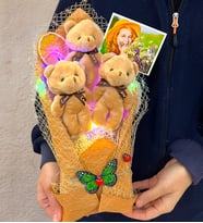 Renkli Led Işıklı Fotoğraflı Özel Kahve Ayıcıklı Büyük Boy Peluş Ayıcık Buketi (Model 5)