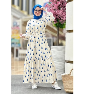Keten Kumaş Ananas Desenli Uzun Elbise-Mavi