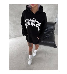 Unisex Üç İplik Kapşonlu Baskılı SweatShirt - Siyah