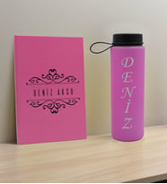 BK Gift Kişiye Özel İsimli Pembe Defter ve Cam Matara Hediye Seti-8, Sevgiliye Hediye, Arkadaşa Hediye, Yeni İş Hediyesi