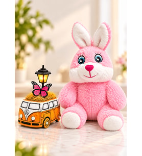 Pembe Peluş Tavşan ve Turuncu Vosvos Minibüs Tasarımlı Masa Lambası Hediye Seti