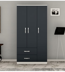 3 KAPILI 2 ÇEKMECELİ BEYAZ ANTRASİT GRİ GARDROP