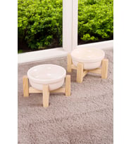 Ahşap Standlı Seramik Dekoratif 2 Adet Kedi Köpek Mama Ve Su Kabı (Beyaz)