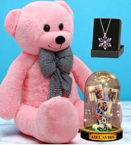 Büyük Boy Pembe Peluş Ayıcık, Kişiye Özel Fanus ve Gerçek Ametist Taşlı Lotus Kolye - Premium Set (Model 4)