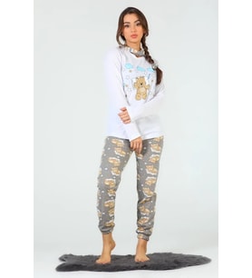 Ayıcık Desenli Uzun Kollu Kadın Pijama Takımı Gri