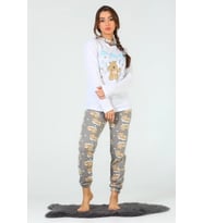 Ayıcık Desenli Uzun Kollu Kadın Pijama Takımı Gri