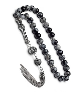 Erkek Gümüş Püskül Gümüş İmame 8mm Obsidyen Taşı + Doğaltaş Tespih (Gri)