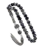 Erkek Gümüş Püskül Gümüş İmame 8mm Obsidyen Taşı + Doğaltaş Tespih (Gri)