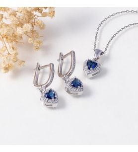 Gümüş Pazarım Safir Taşlı Kalpli Tek Taş Gümüş Set (Beyaz)