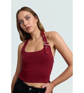 Yazlık Kadın Crop Bluz Viskon Ribana Kumaş Boyundan Bağlamalı Yaka Şık Görünüm (Bordo)
