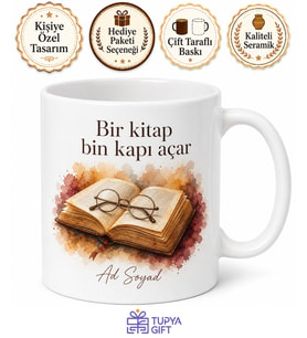 Kitap ve Gözlük Temalı Baskılı Kupa Bardak Kitapsever Hediye Porselen Mug