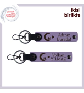 Milli Değerlere Saygılı Hediye – Çocuk Ve Ayyıldız, İsme Özel Deri Anahtarlık Set, Mor-Mor
