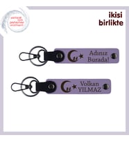 Milli Değerlere Saygılı Hediye – Çocuk Ve Ayyıldız, İsme Özel Deri Anahtarlık Set, Mor-Mor