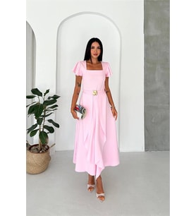 Neşeli butik kadın pembe kol volanlı gold toka detaylı kemerli midi boy elbise NBK088