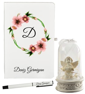 Kişiye Özel Hediye Beyaz Defter ve Işıklı Melek Fanus Hediye Seti