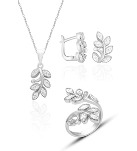 Kadın Gümüş Set Yaprak Modeli 925 Ayar Gümüş Üçlü Set ST132