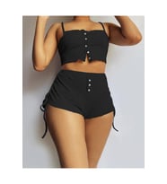 Kadın Ip Askılı Crop Bluz Ve Yanlardan Büzgülü Ikili Kaşkorse Short Takım