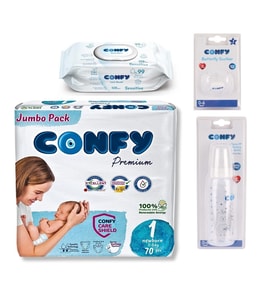 Confy Premium Yenidoğan Seti (1 Numara Bebek Bezi, Islak Mendil,Emzik, Biberon)