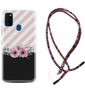 Samsung M21 M22 M23 M30 M31S M32 Kılıf Boyun Asklı Rasta Silikon Strip Pink Flowers 1396