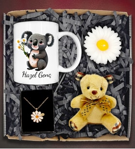 Kişiye Özel Papatya Kolye&Kişiye Özel Koala Kupa&Mum&Ayıcık Anahtarlık Hediye Seti